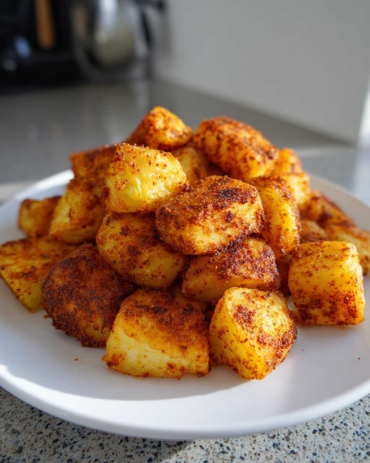 A pile of golden, crispy Air Fryer Crispy Breakfast Potatoes with Paprika served on a white plate.