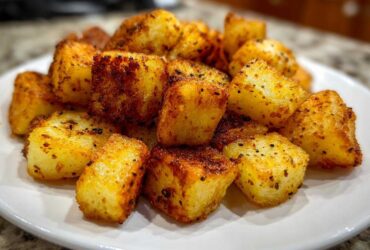 A close-up of golden brown, crispy Air Fryer Crispy Breakfast Potatoes with Paprika piled on a white plate.