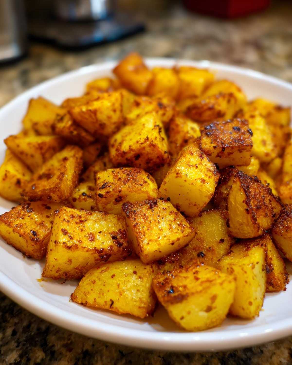 Close-up of golden brown, crispy Air Fryer Crispy Breakfast Potatoes with Paprika served on a white plate.