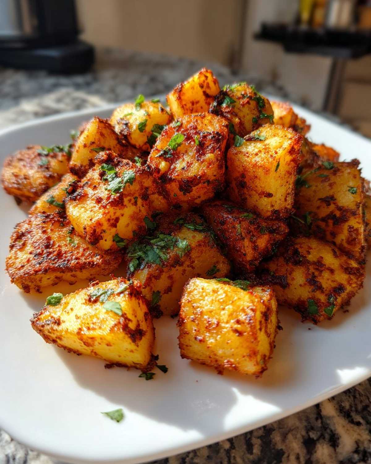A pile of golden, crispy Air Fryer Crispy Breakfast Potatoes with Paprika garnished with fresh parsley on a white plate.
