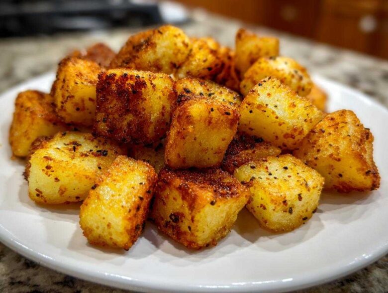 A close-up of golden brown, crispy Air Fryer Crispy Breakfast Potatoes with Paprika piled on a white plate.