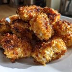 A pile of golden brown, crispy Air Fryer Crispy Fish Nuggets seasoned with lemon pepper on a white plate.