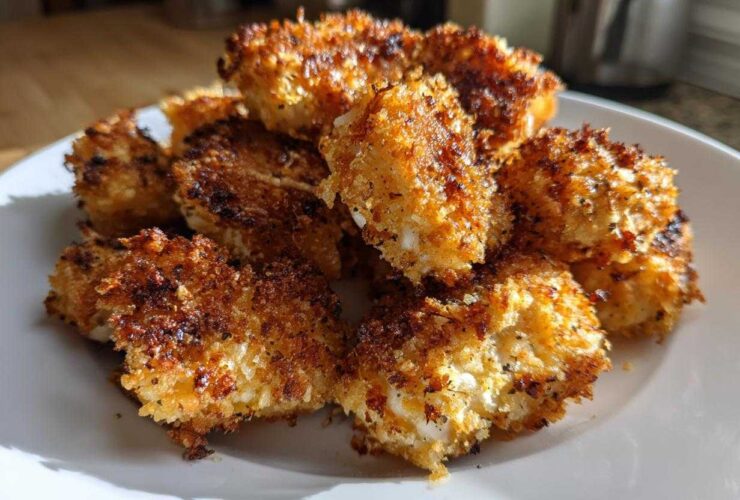 A pile of golden brown, crispy Air Fryer Crispy Fish Nuggets seasoned with lemon pepper on a white plate.