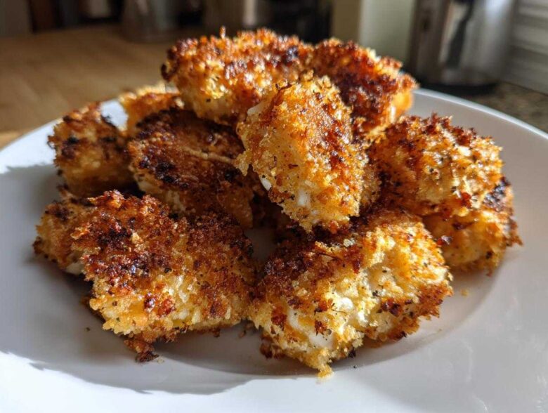 A pile of golden brown, crispy Air Fryer Crispy Fish Nuggets seasoned with lemon pepper on a white plate.