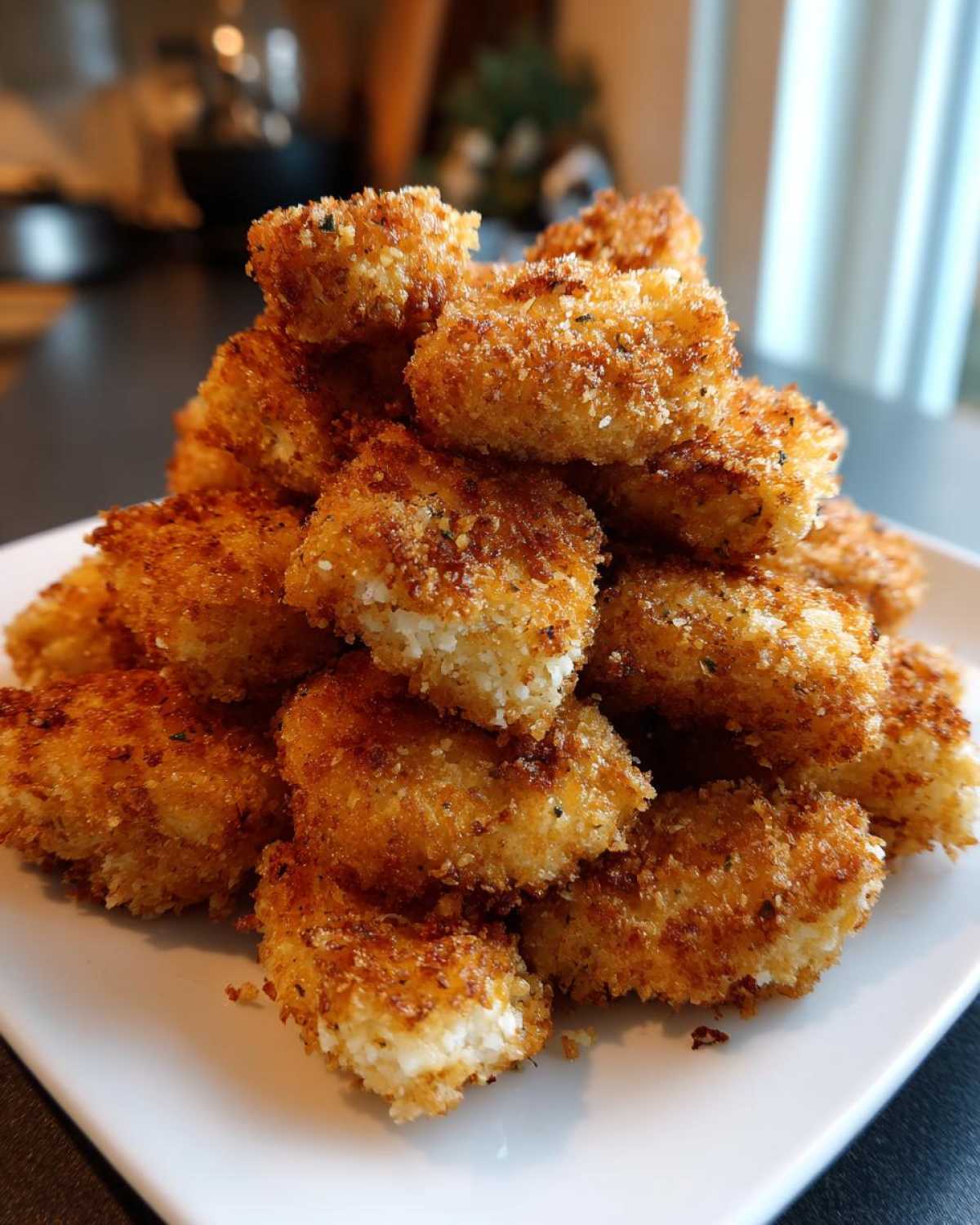 A tall pile of golden brown Air Fryer Crispy Fish Nuggets seasoned with lemon pepper, served on a white plate.