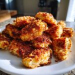 A pile of golden brown, crispy Air Fryer Crispy Fish Nuggets with Lemon Pepper seasoning on a white plate.