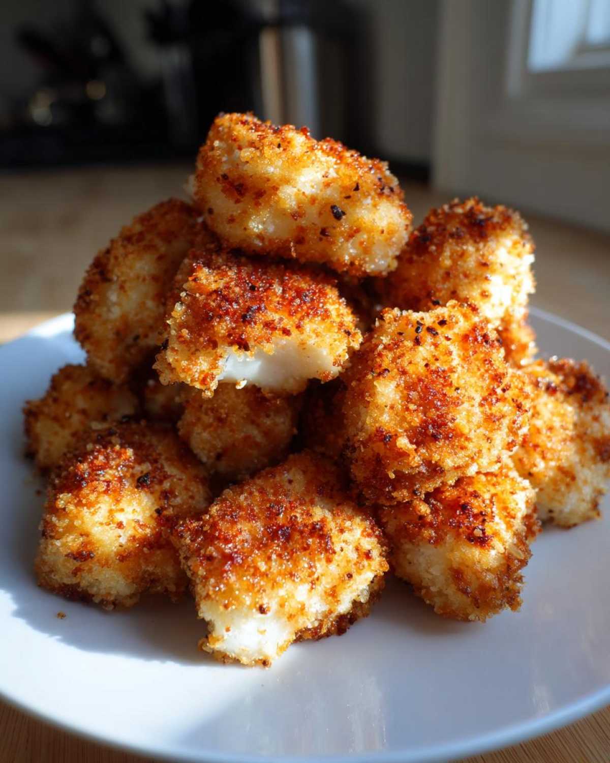 A pile of golden brown, crispy Air Fryer Crispy Fish Nuggets seasoned with lemon pepper on a white plate.