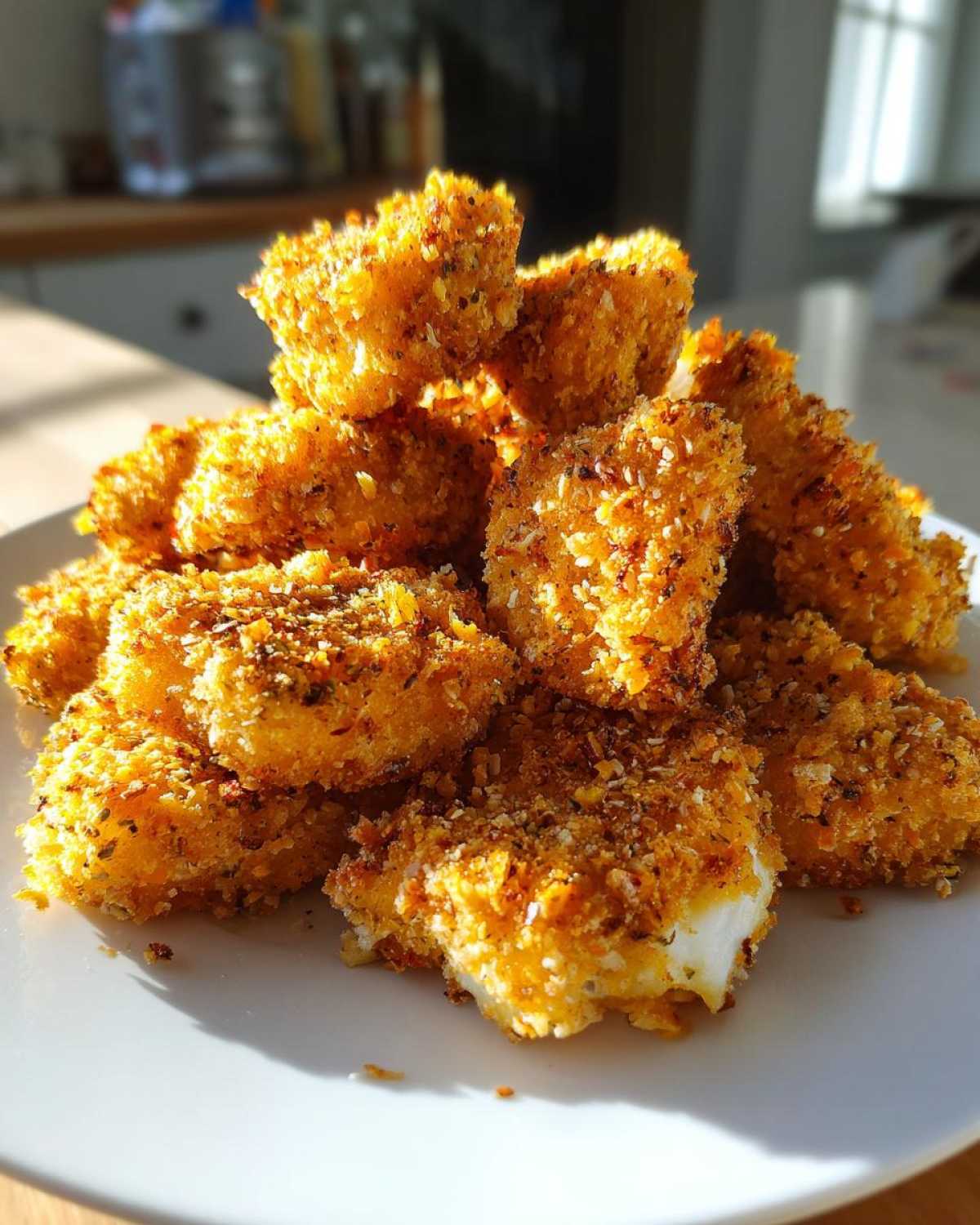 A pile of golden brown, crispy Air Fryer Crispy Fish Nuggets seasoned with lemon pepper on a white plate.