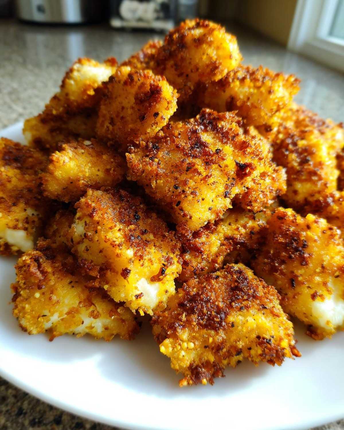 A close-up pile of golden brown Air Fryer Crispy Fish Nuggets seasoned with lemon pepper on a white plate.