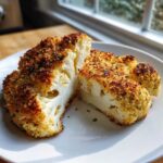 Two halves of Air Fryer Garlic Parmesan Cauliflower Steaks showing a crispy golden crust and tender white interior.