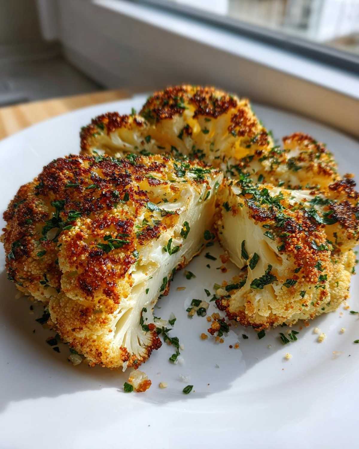 Three cooked Air Fryer Garlic Parmesan Cauliflower Steaks, golden brown and topped with parsley, served on a white plate.