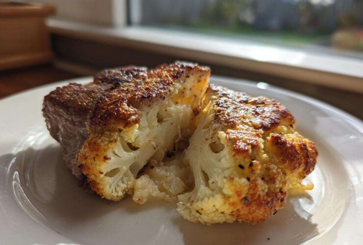 Close-up of a thick Air Fryer Garlic Parmesan Cauliflower Steak, showing a golden-brown crust and tender interior.