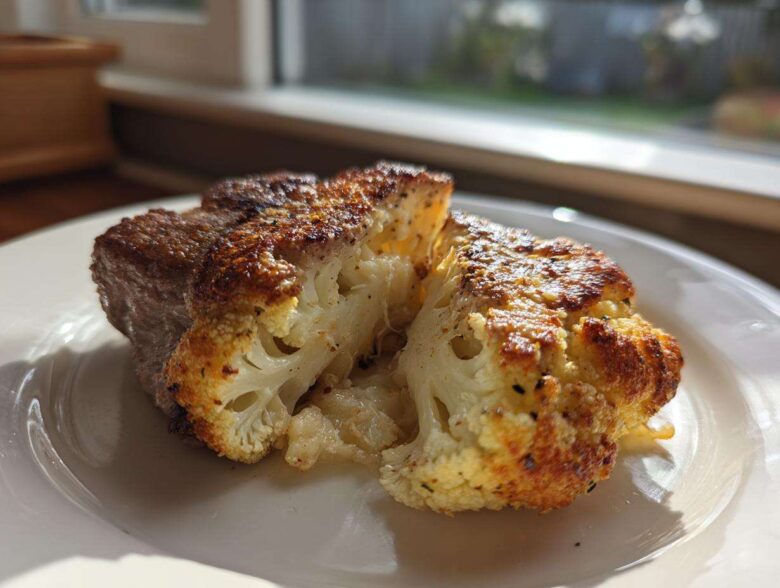 Close-up of a thick Air Fryer Garlic Parmesan Cauliflower Steak, showing a golden-brown crust and tender interior.
