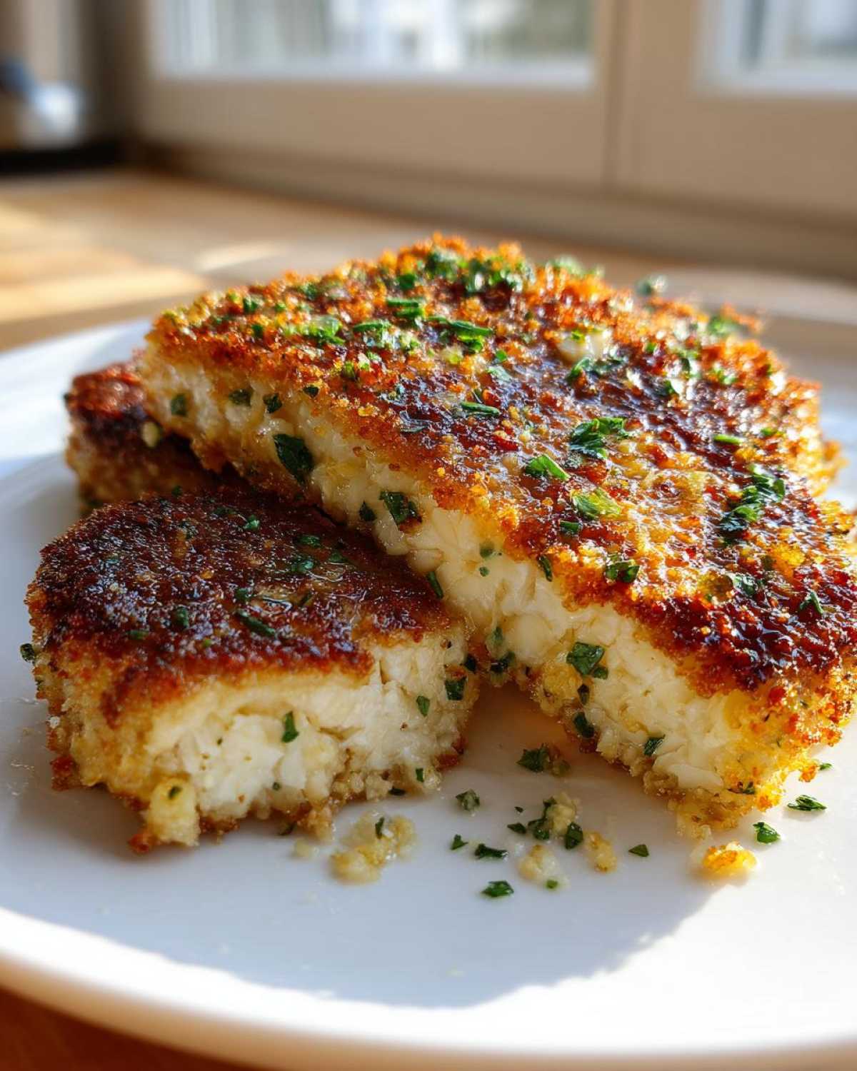 Close-up of two Air Fryer Garlic Parmesan Cauliflower Steaks, golden brown and topped with parsley.