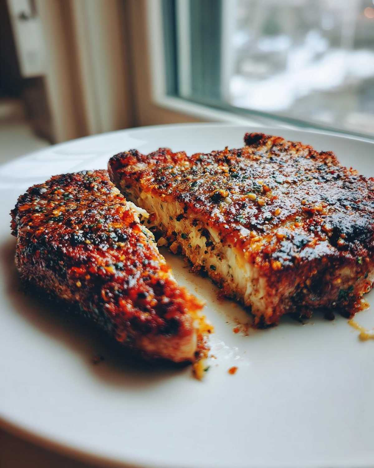 Close-up of Air Fryer Garlic Parmesan Cauliflower Steaks, seasoned and cut in half on a white plate.