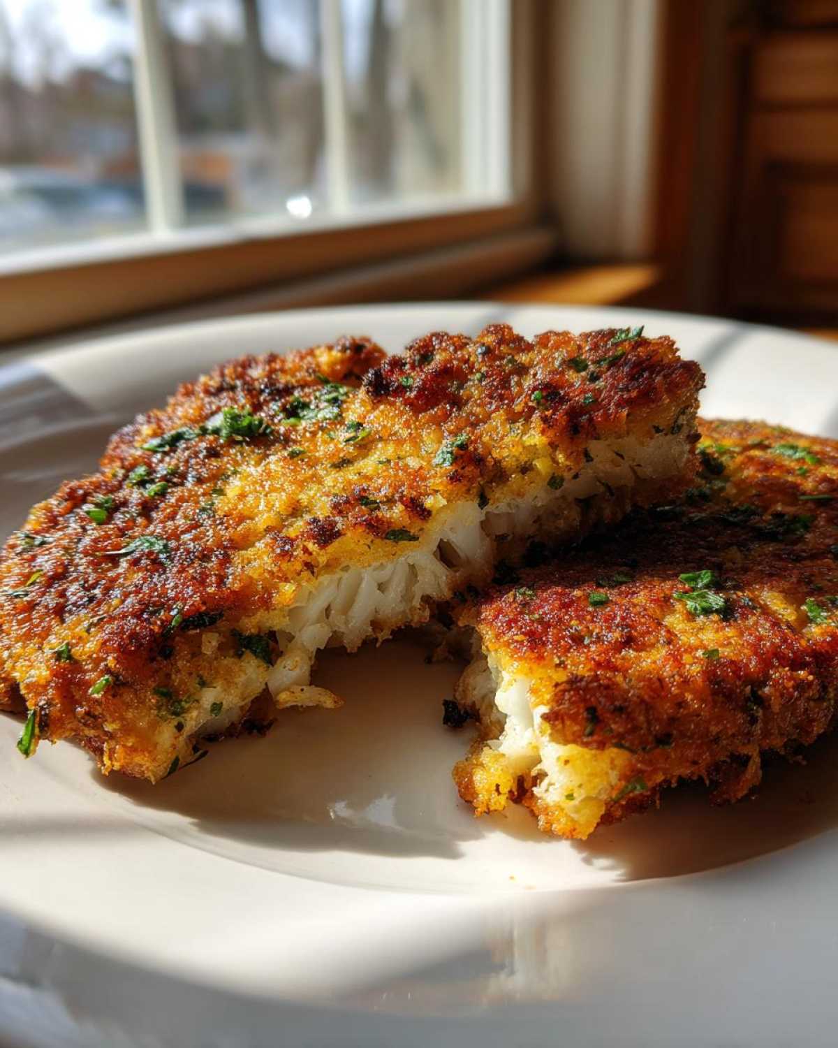 Two golden-brown Air Fryer Garlic Parmesan Cauliflower Steaks on a white plate, one cut open to show the white interior.