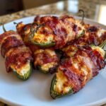 A plate of crispy, bacon-wrapped Air Fryer Stuffed Jalapeno Poppers filled with melted cheese.