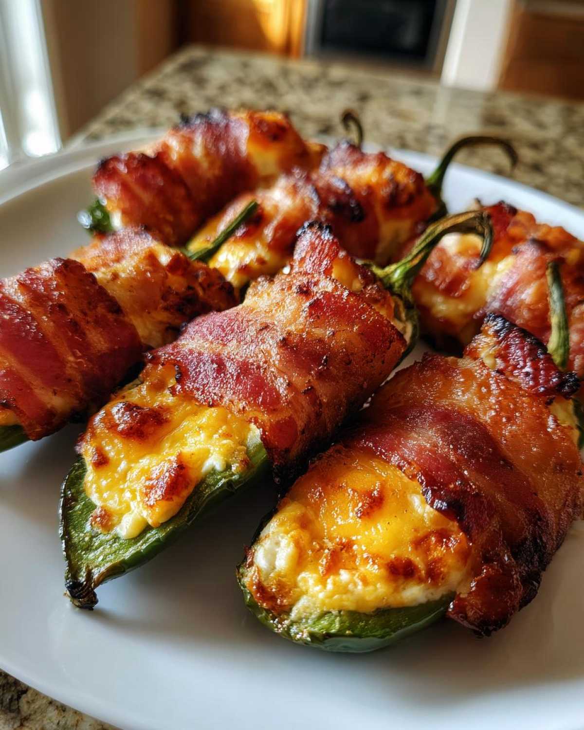 Close-up of several Air Fryer Stuffed Jalapeno Poppers with Bacon, showing crispy bacon and melted cheese filling.