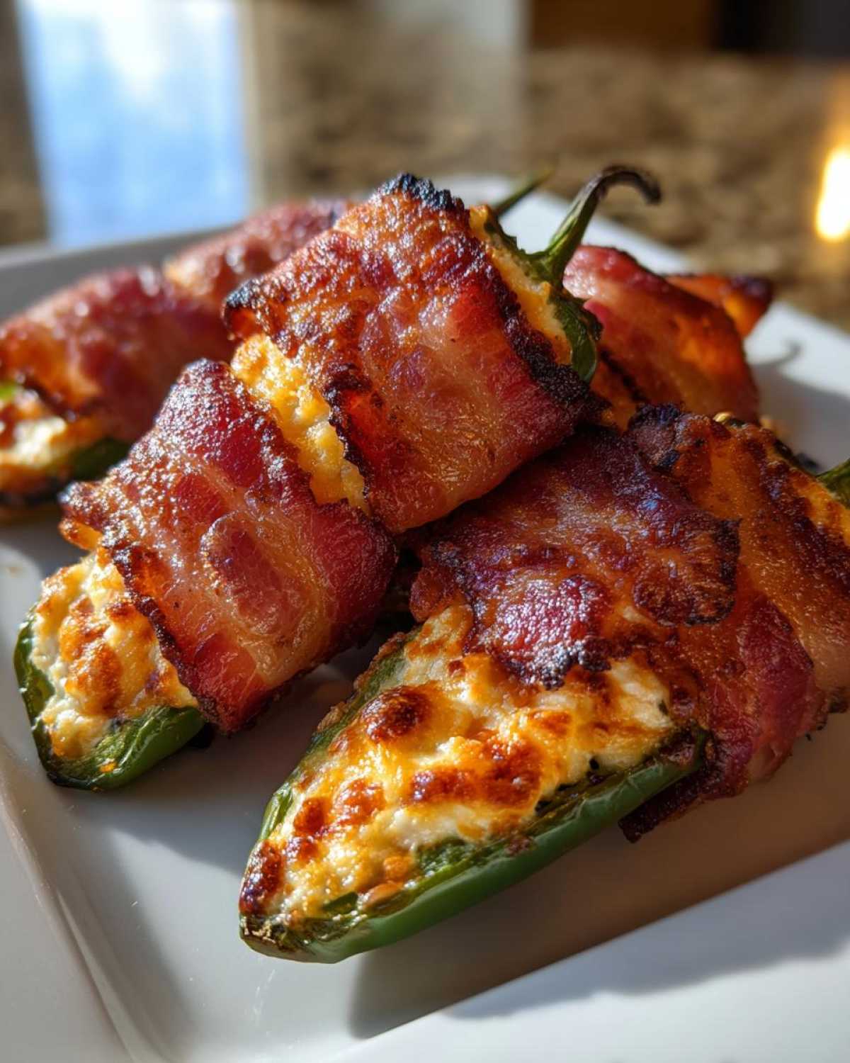Close-up of several Air Fryer Stuffed Jalapeno Poppers with Bacon, featuring crispy bacon and melted cheese filling.