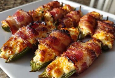 A platter of crispy, bacon-wrapped Air Fryer Stuffed Jalapeno Poppers filled with melted cheese.