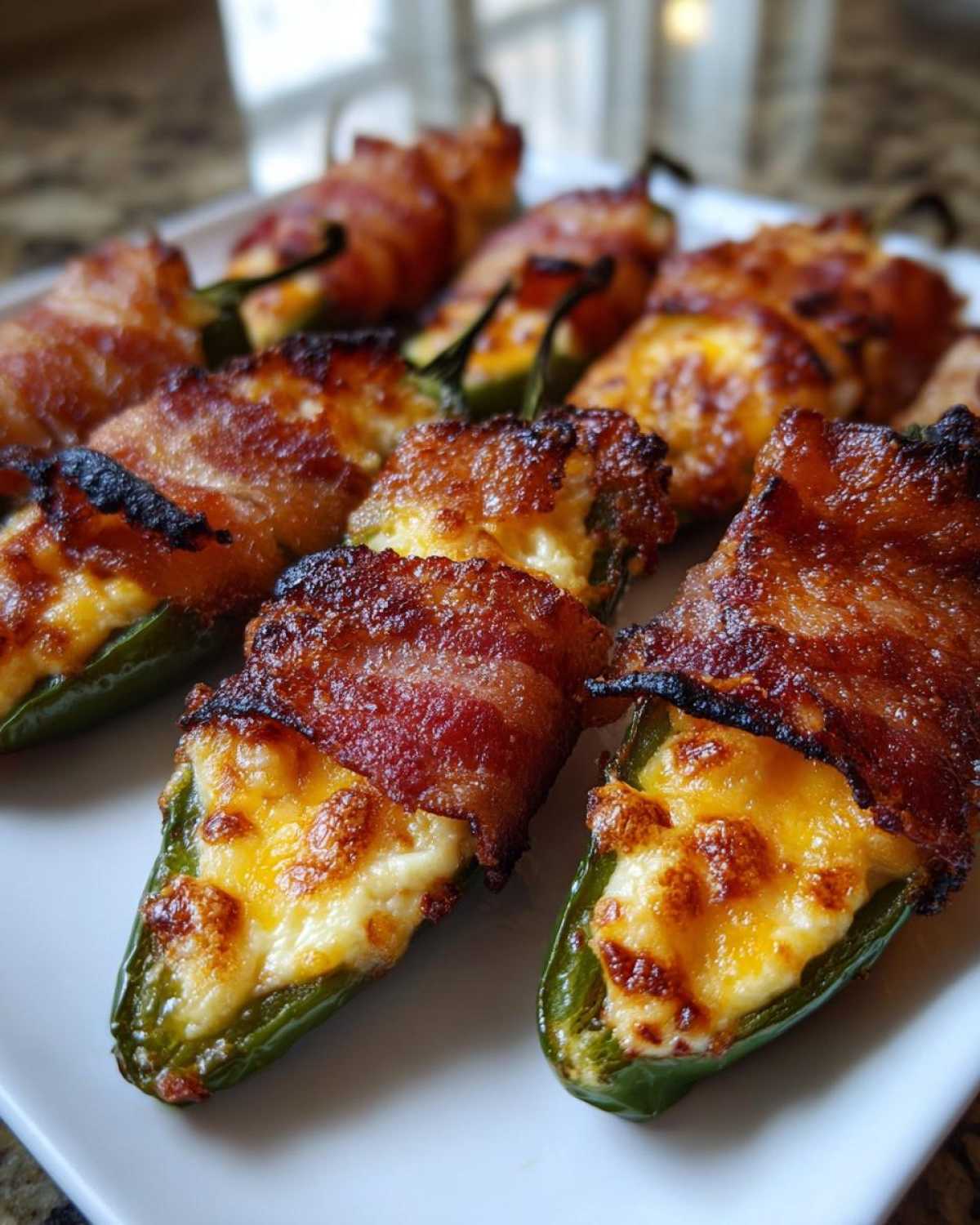 Close-up of crispy, bacon-wrapped Air Fryer Stuffed Jalapeno Poppers filled with melted cheese.