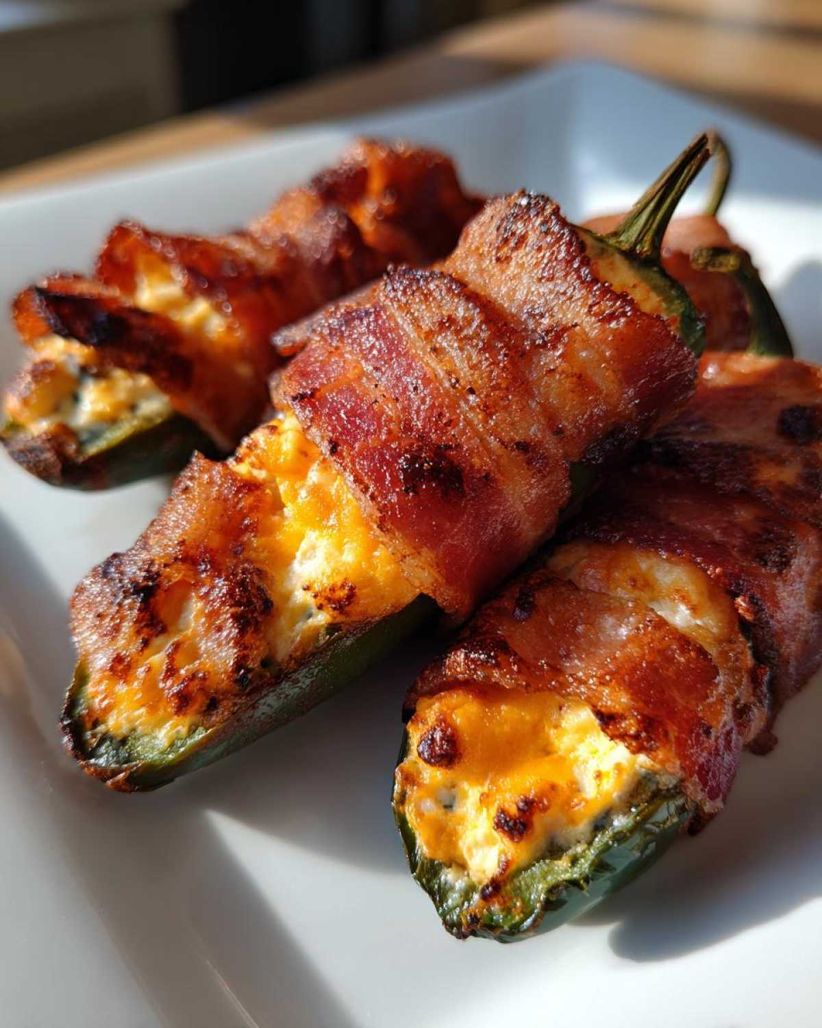 Close-up of crispy, bacon-wrapped Air Fryer Stuffed Jalapeno Poppers filled with melted cheese.