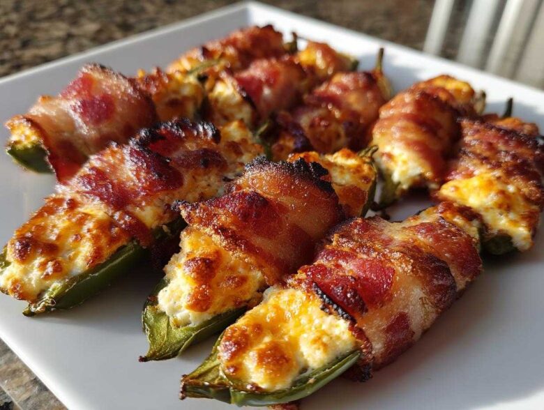 A platter of crispy, bacon-wrapped Air Fryer Stuffed Jalapeno Poppers filled with melted cheese.