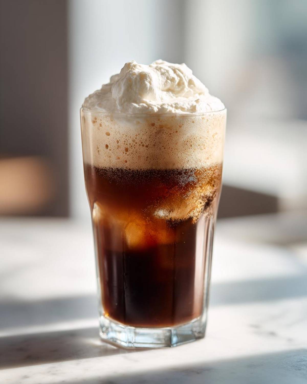 A tall glass of iced coffee topped high with thick Copycat Starbucks Vanilla Sweet Cream Cold Foam.