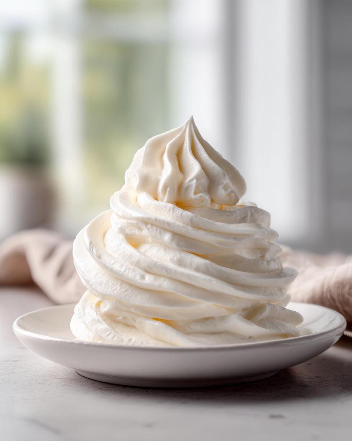 A tall swirl of thick, white Copycat Cinnabon Cream Cheese Frosting piped onto a small white dish.
