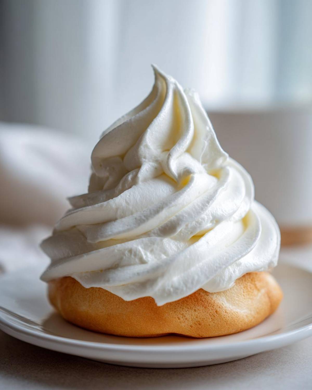 A tall, perfect swirl of thick, white Copycat Cinnabon Cream Cheese Frosting atop a small pastry.