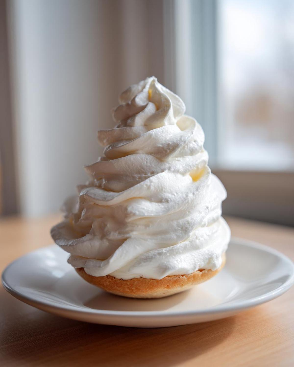 A tall, perfectly piped swirl of thick, white Copycat Cinnabon Cream Cheese Frosting on a small pastry base.