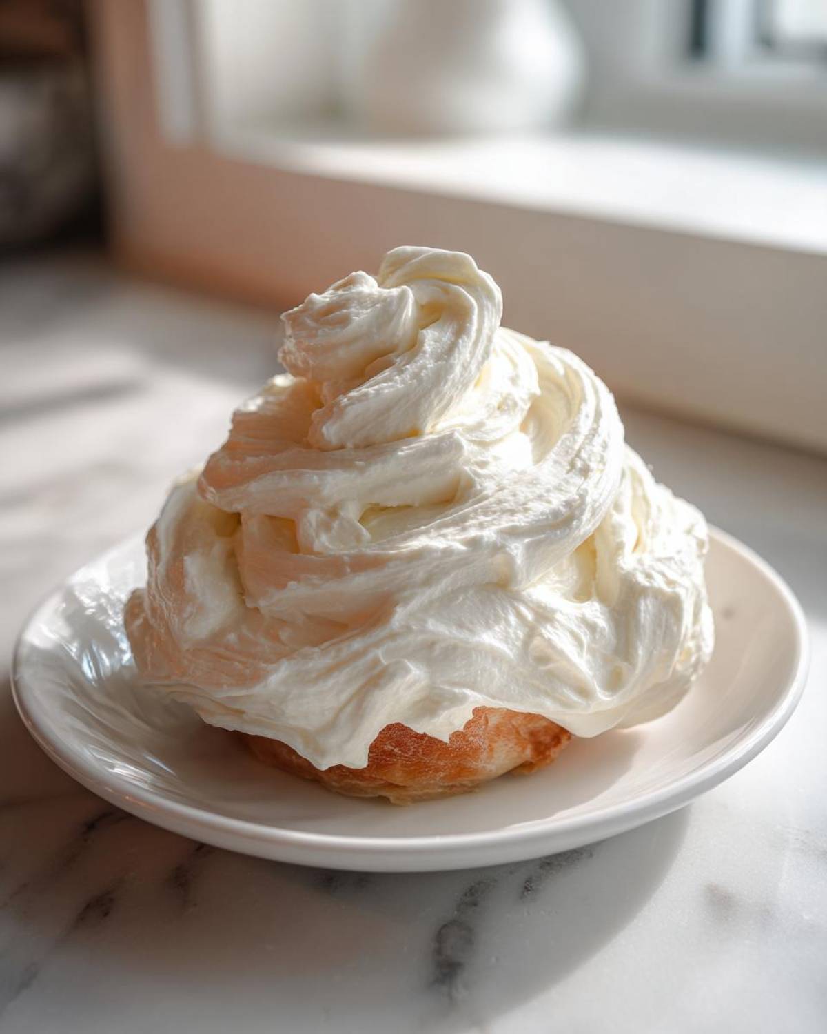 A pastry generously topped with thick, swirled Copycat Cinnabon Cream Cheese Frosting on a white plate.