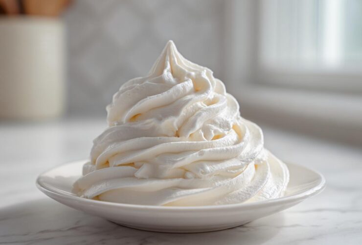 A tall, perfect swirl of thick, white Copycat Cinnabon Cream Cheese Frosting piped onto a small white saucer.