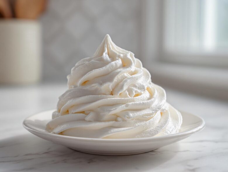 A tall, perfect swirl of thick, white Copycat Cinnabon Cream Cheese Frosting piped onto a small white saucer.