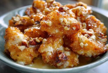 Close-up of crispy shrimp coated in sweet glaze and topped with chopped walnuts, Copycat Panda Express Honey Walnut Shrimp.