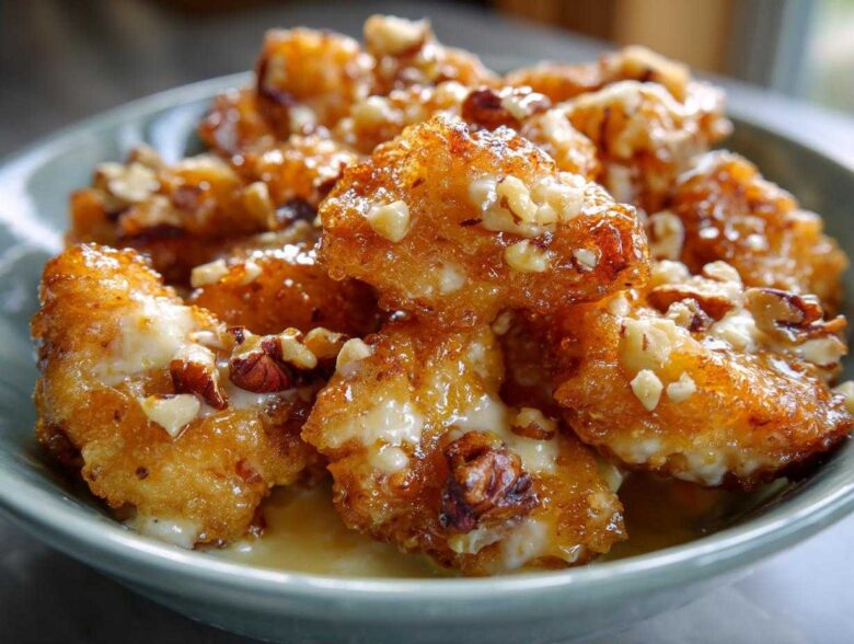 Close-up of crispy shrimp coated in sweet glaze and topped with chopped walnuts, Copycat Panda Express Honey Walnut Shrimp.