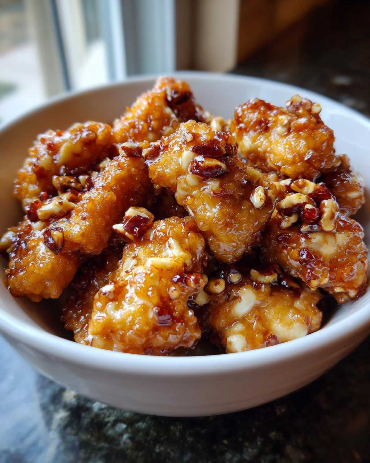 Close-up of crispy shrimp coated in sweet glaze and topped with chopped walnuts, resembling Copycat Panda Express Honey Walnut Shrimp.