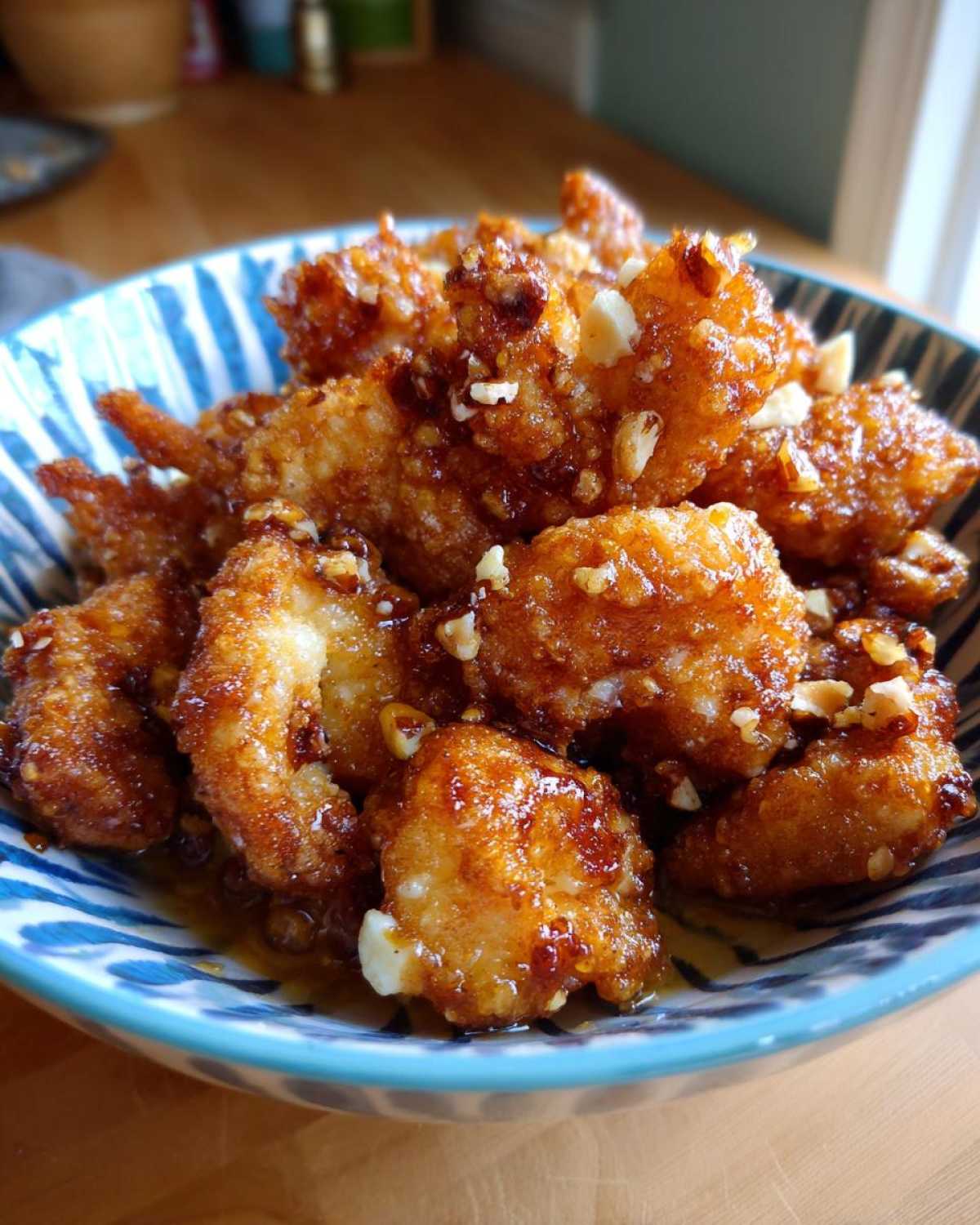 Golden, crispy shrimp coated in a sweet glaze and topped with chopped walnuts, ready to eat.