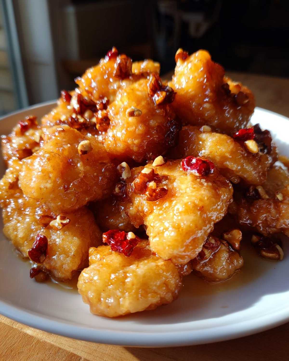 Golden, crispy shrimp coated in a thick honey glaze and topped with chopped walnuts and dried cranberries, resembling Copycat Panda Express Honey Walnut Shrimp.