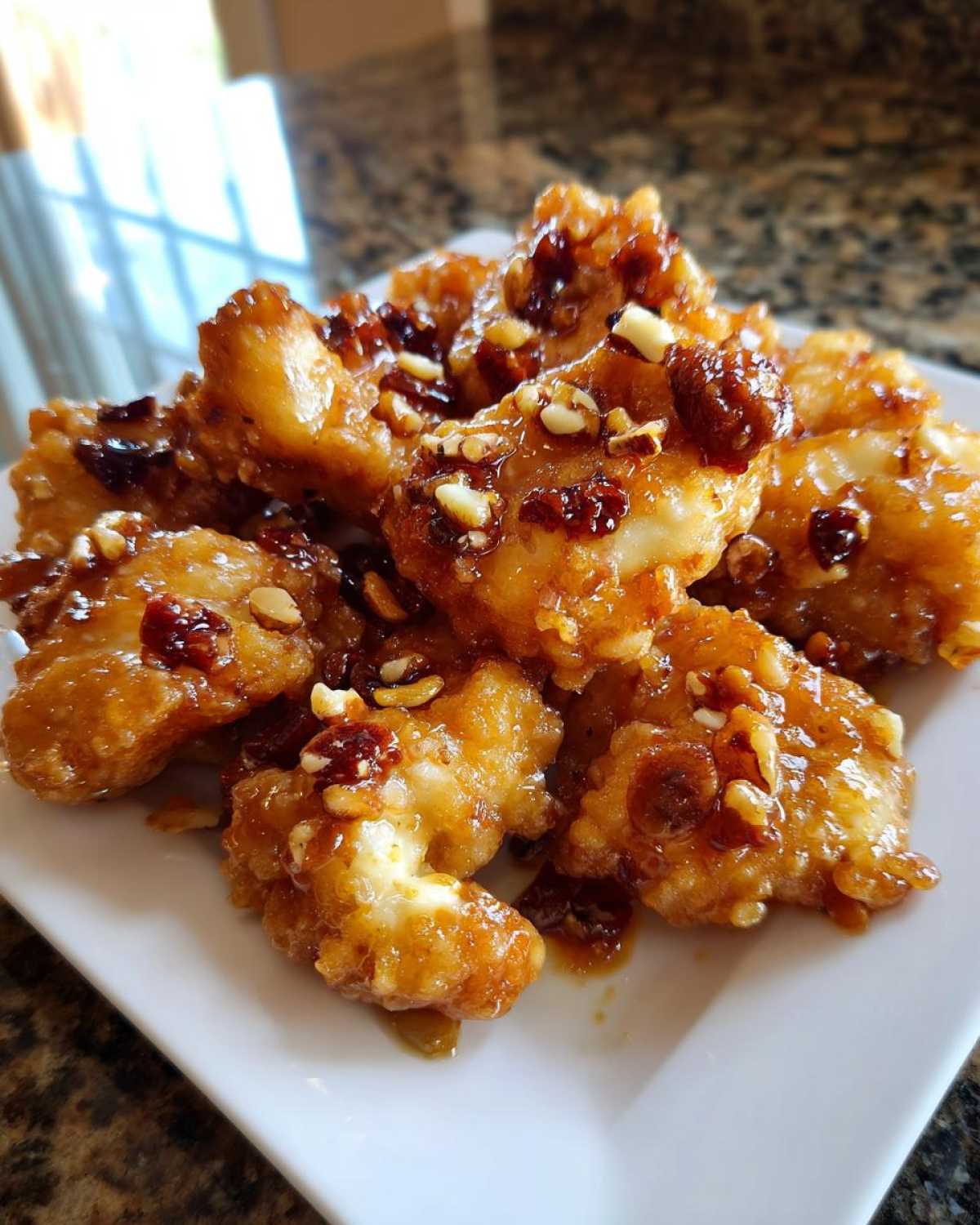 A close-up of crispy shrimp coated in a sweet, glossy sauce and topped with chopped walnuts, resembling Copycat Panda Express Honey Walnut Shrimp.