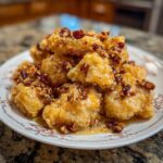 A plate piled high with crispy, glazed shrimp topped with chopped pecans, resembling Copycat Panda Express Honey Walnut Shrimp.