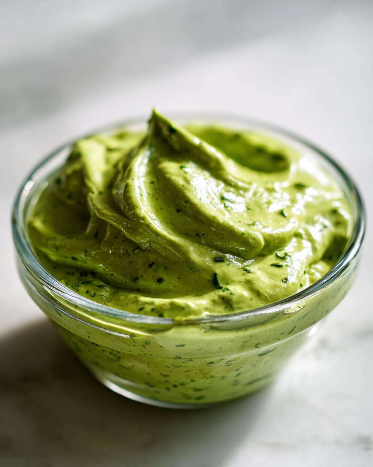 Close-up of thick, vibrant green Copycat Panera Green Goddess Dressing swirled in a small glass bowl.
