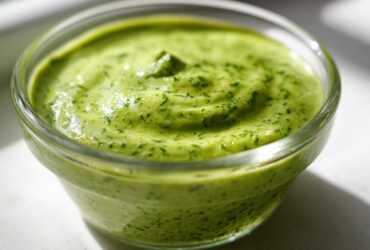 Close-up of vibrant green Copycat Panera Green Goddess Dressing in a small glass bowl.