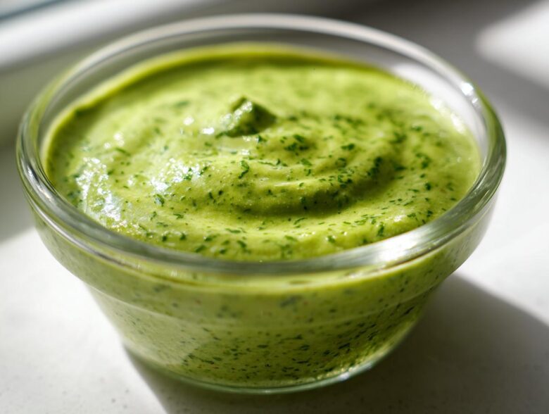 Close-up of vibrant green Copycat Panera Green Goddess Dressing in a small glass bowl.
