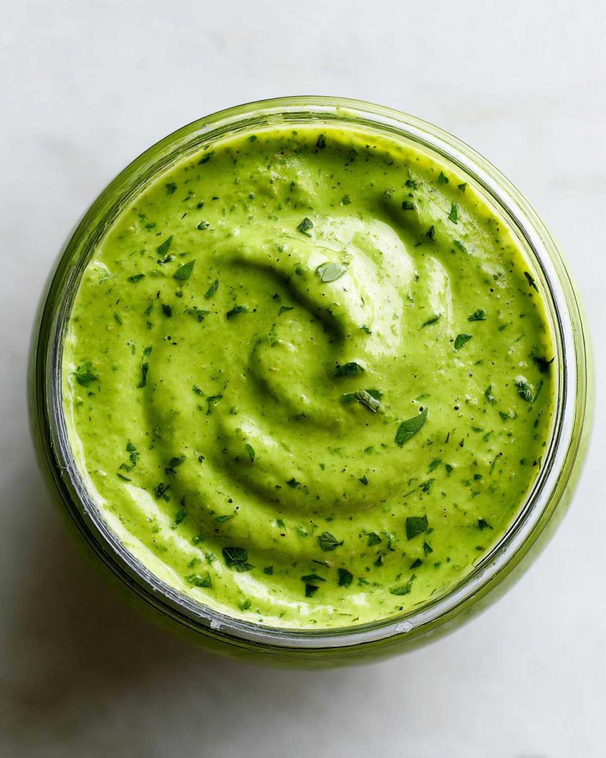 Overhead view of thick, bright green Copycat Panera Green Goddess Dressing swirled in a glass jar.