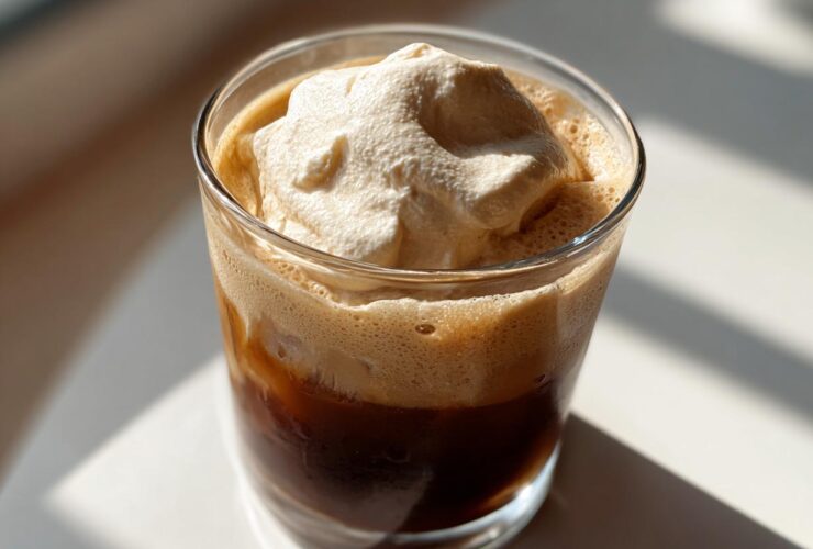 A glass of iced coffee topped with thick Copycat Starbucks Vanilla Sweet Cream Cold Foam, illuminated by sunlight.