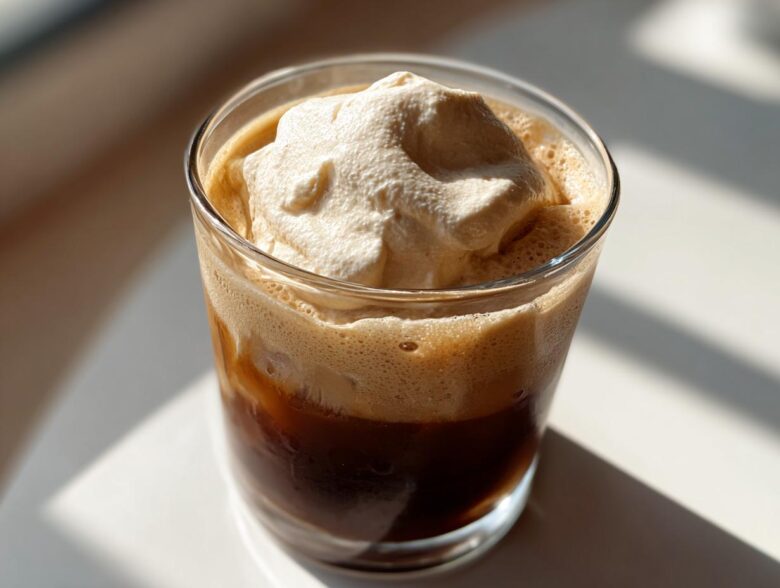 A glass of iced coffee topped with thick Copycat Starbucks Vanilla Sweet Cream Cold Foam, illuminated by sunlight.