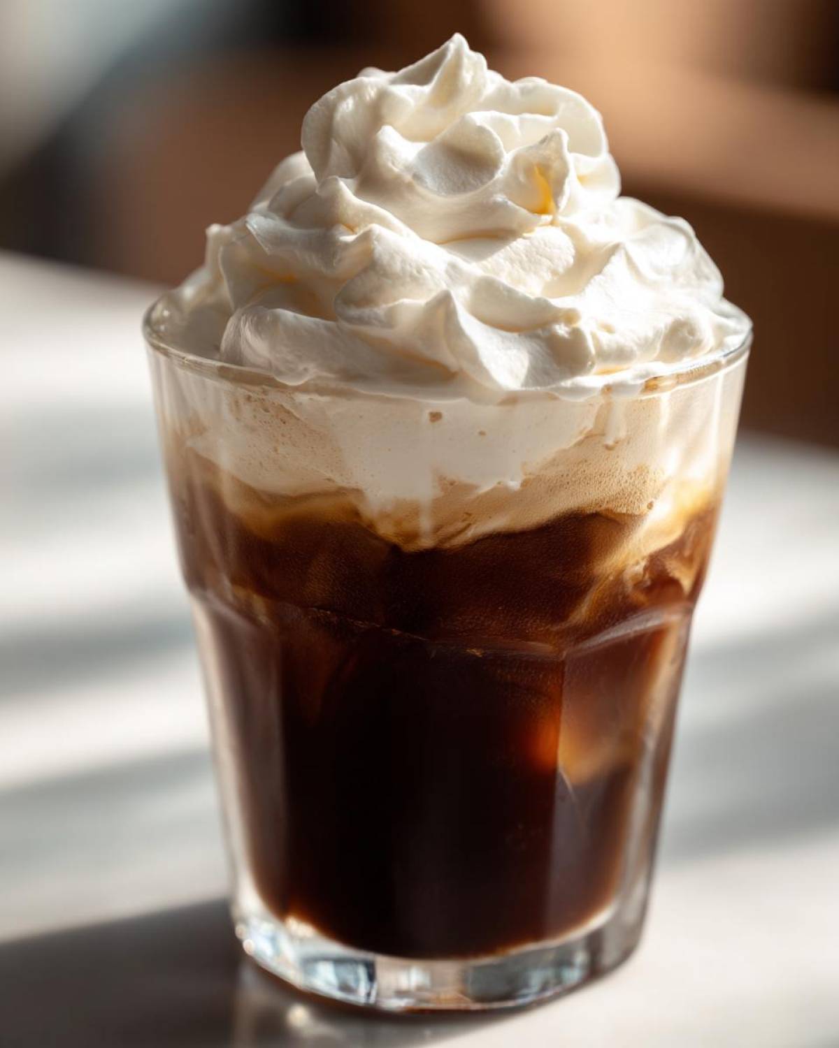 A glass of iced coffee topped generously with thick, fluffy Copycat Starbucks Vanilla Sweet Cream Cold Foam.