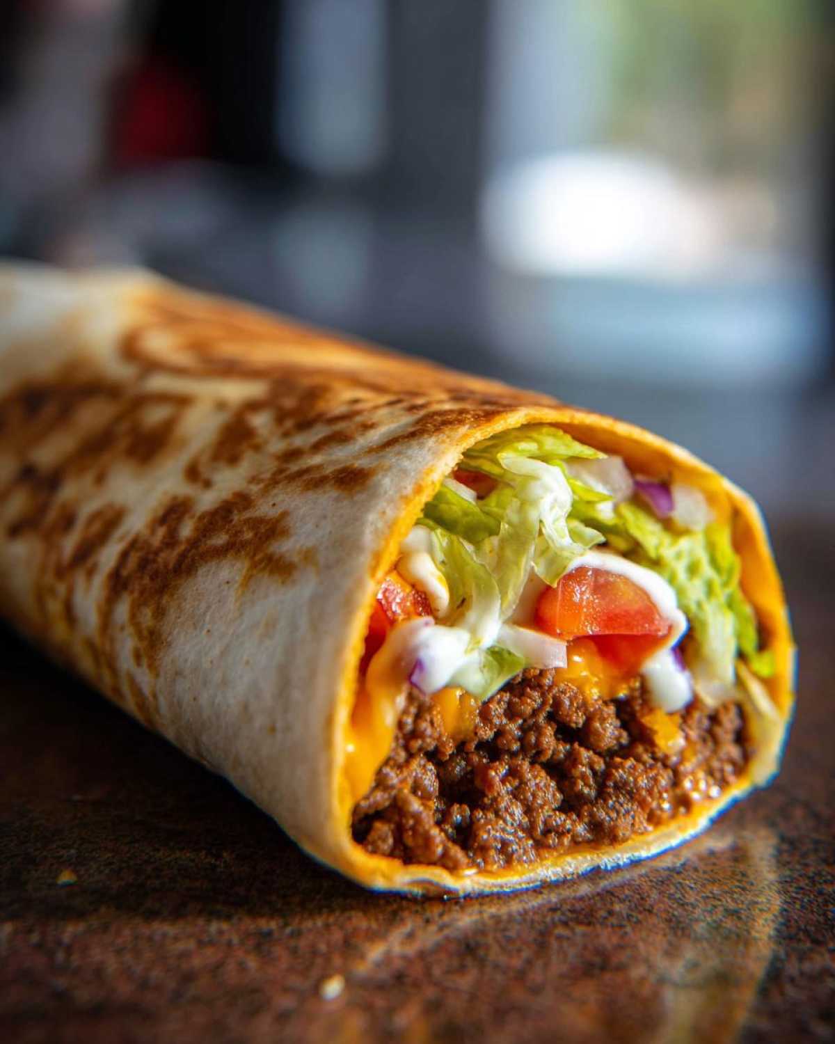 Close-up of a homemade Copycat Taco Bell Crunchwrap Supreme showing seasoned beef, cheese, lettuce, tomato, and sour cream.