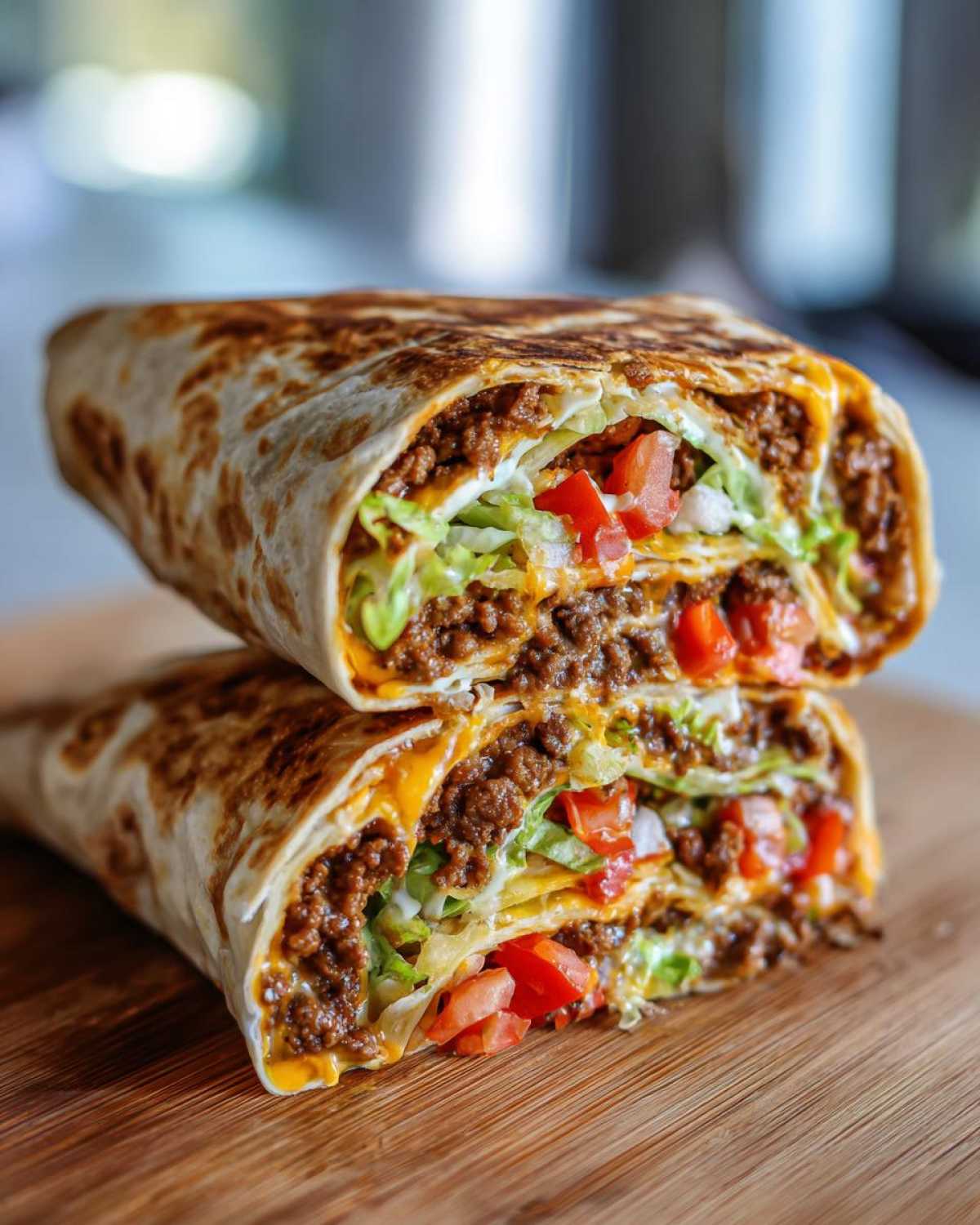 Two halves of a grilled Copycat Taco Bell Crunchwrap Supreme stacked, showing layers of seasoned beef, cheese, lettuce, and tomatoes.